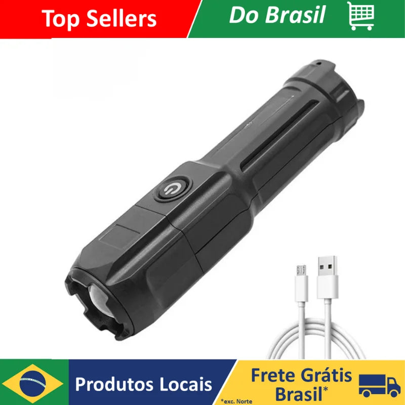 Lanterna Tática Potente Recarregável USB Led Luz Forte Com Zoom Direcional Resistente A Água
