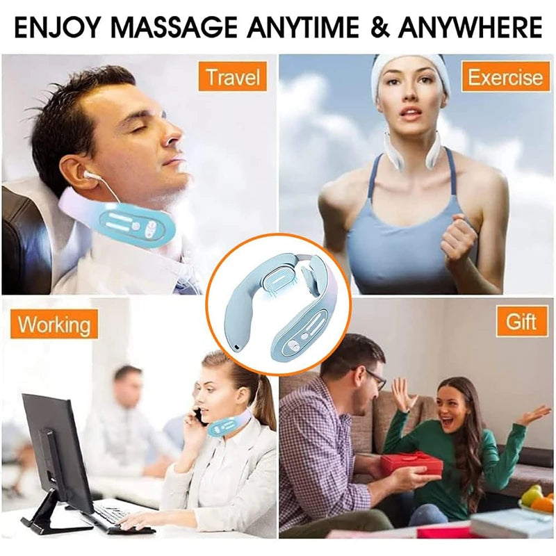 Massageador de pescoço instrumento de massagem cervical micro corrente pulso vibração amassar e pescoço fisioterapia azul compressa quente rel