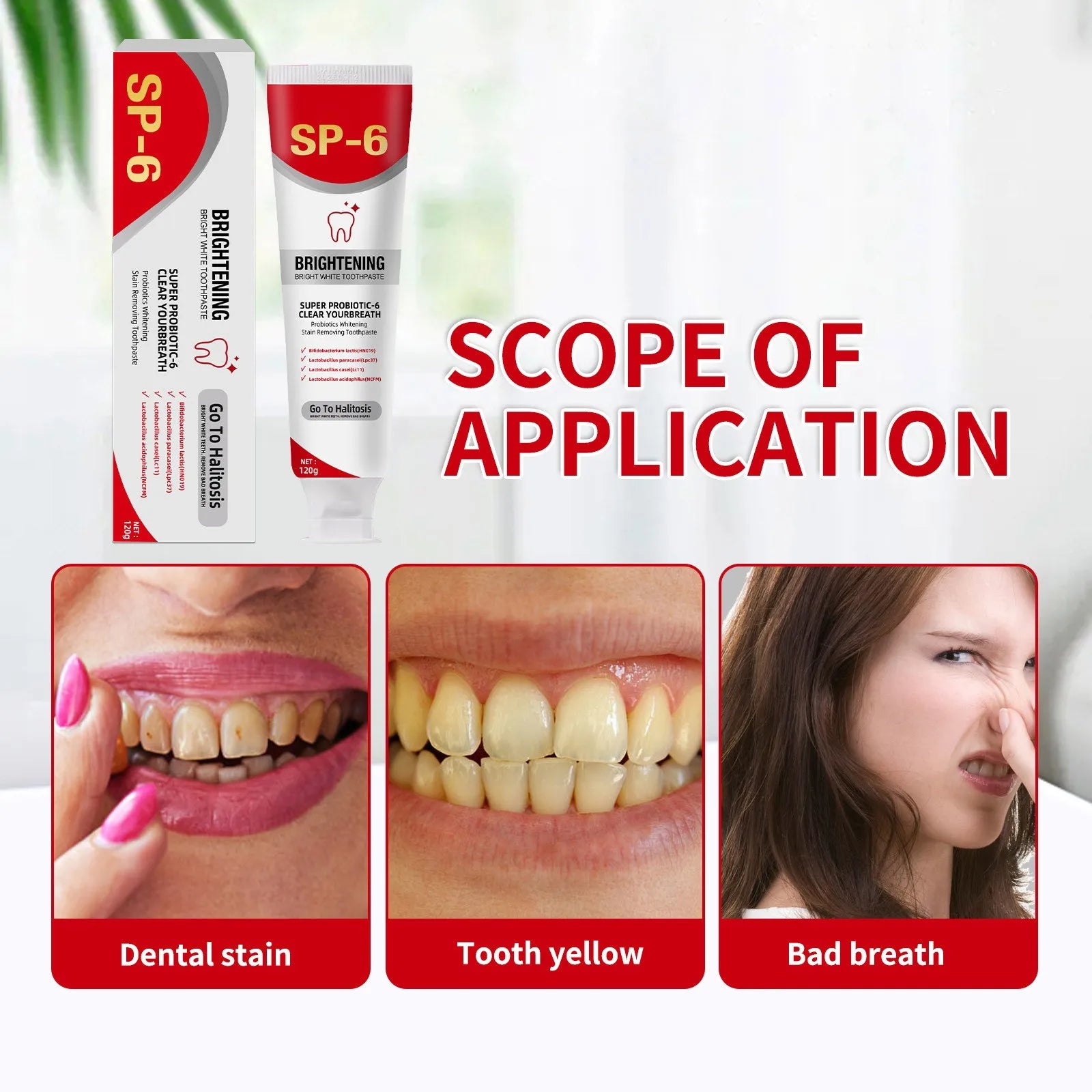 Sp 6 ultra branqueamento sp 6 creme dental ultra branqueador sp-6 probiótico clareamento creme dental limpeza profunda cuidados dente