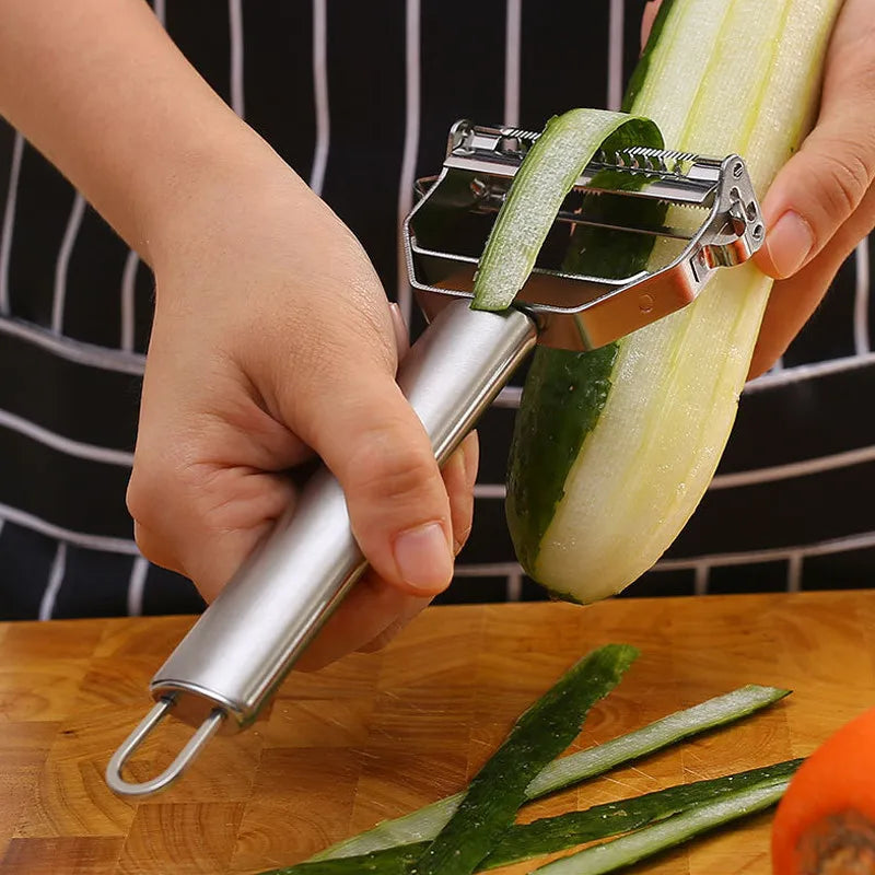 Descascador de vegetais de cozinha, aço inoxidável, plaina de melão, descascador de cabeça dupla, multifuncional, descascador de frutas e vegetais