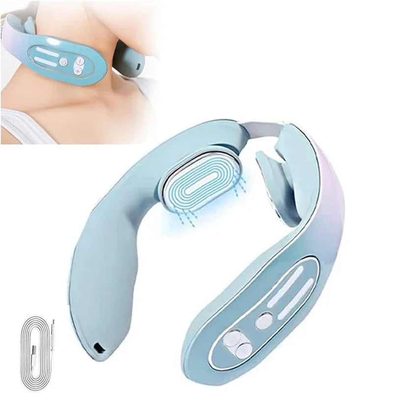 Massageador de pescoço instrumento de massagem cervical micro corrente pulso vibração amassar e pescoço fisioterapia azul compressa quente rel