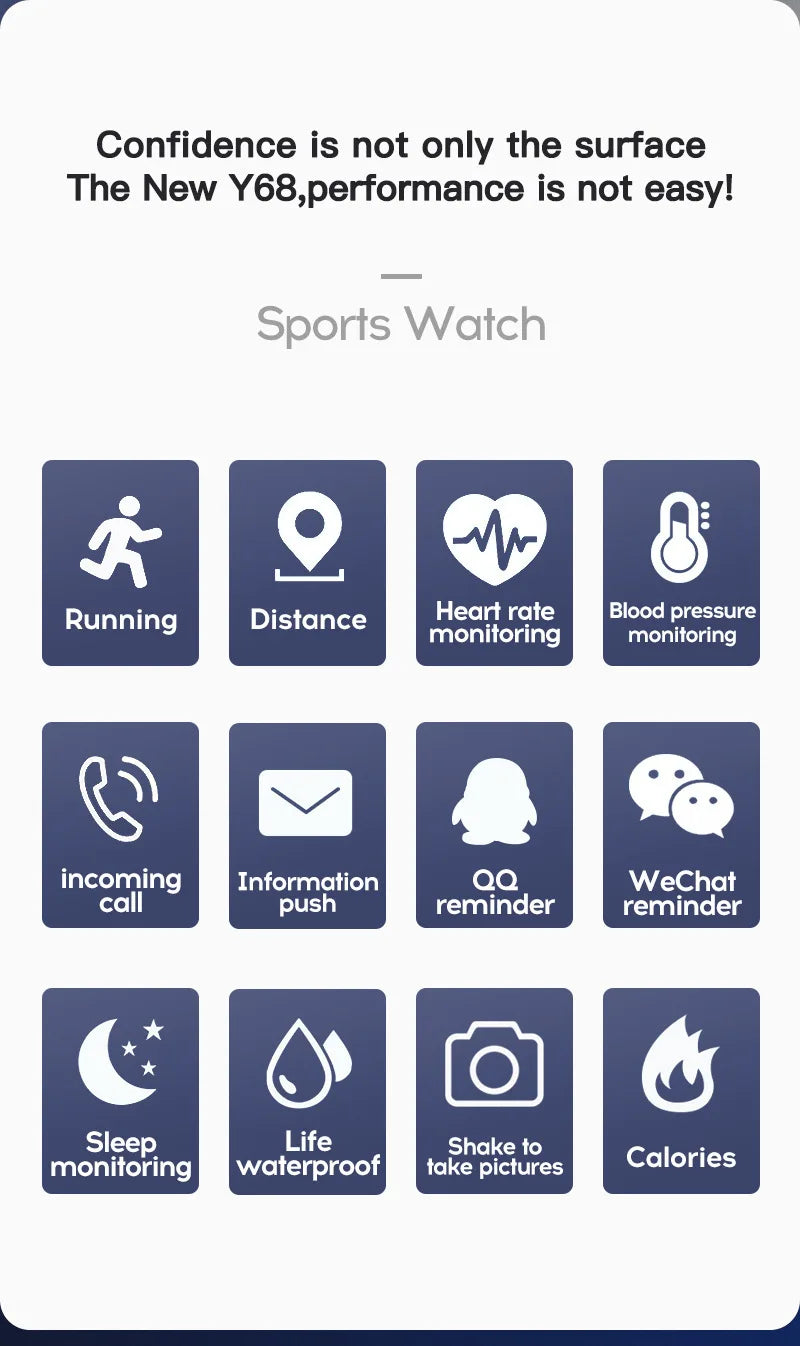 2024 novo relógio inteligente masculino monitor de freqüência cardíaca pressão arterial pulseira de fitness presente para ios e android smartphones y68