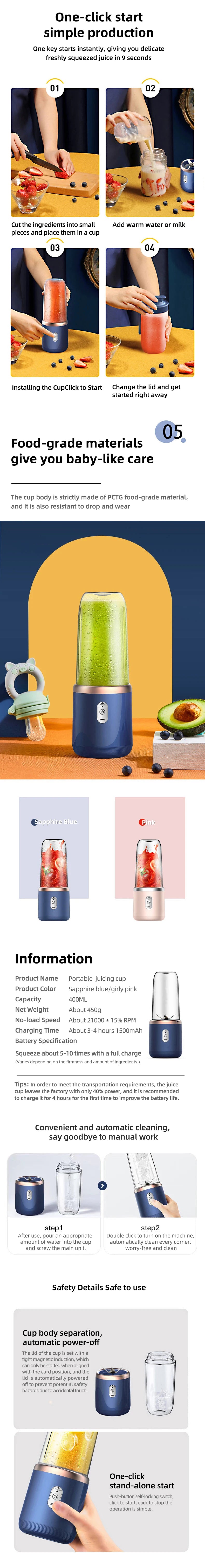 Liquidificador espremedor portátil 400ml espremedor de frutas elétrico carregamento usb limão laranja frutas suco copo smoothie liquidificador máquina 2 copos