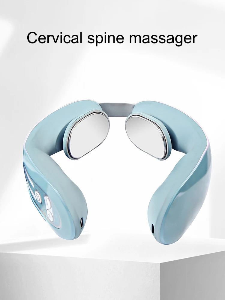 Massageador de pescoço instrumento de massagem cervical micro corrente pulso vibração amassar e pescoço fisioterapia azul compressa quente rel