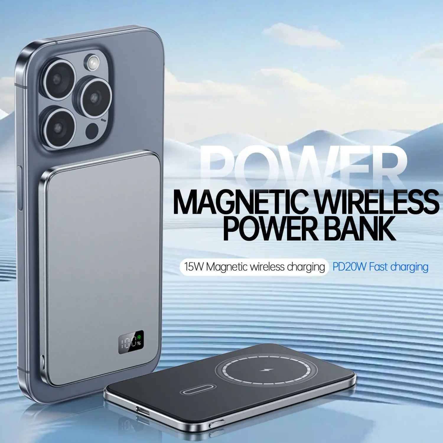 Banco de potência ultrafino para magsafe, bateria portátil magnética sem fio de carregamento rápido com display led para iphone samsung telefone airpods