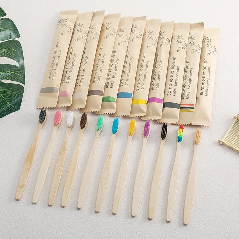 Único Couro Envolvido Bambu Toothbrush Set Natural e Ambientalmente Amigável Bambu Toothbrush Tablet Uma Caixa de 10 PCS