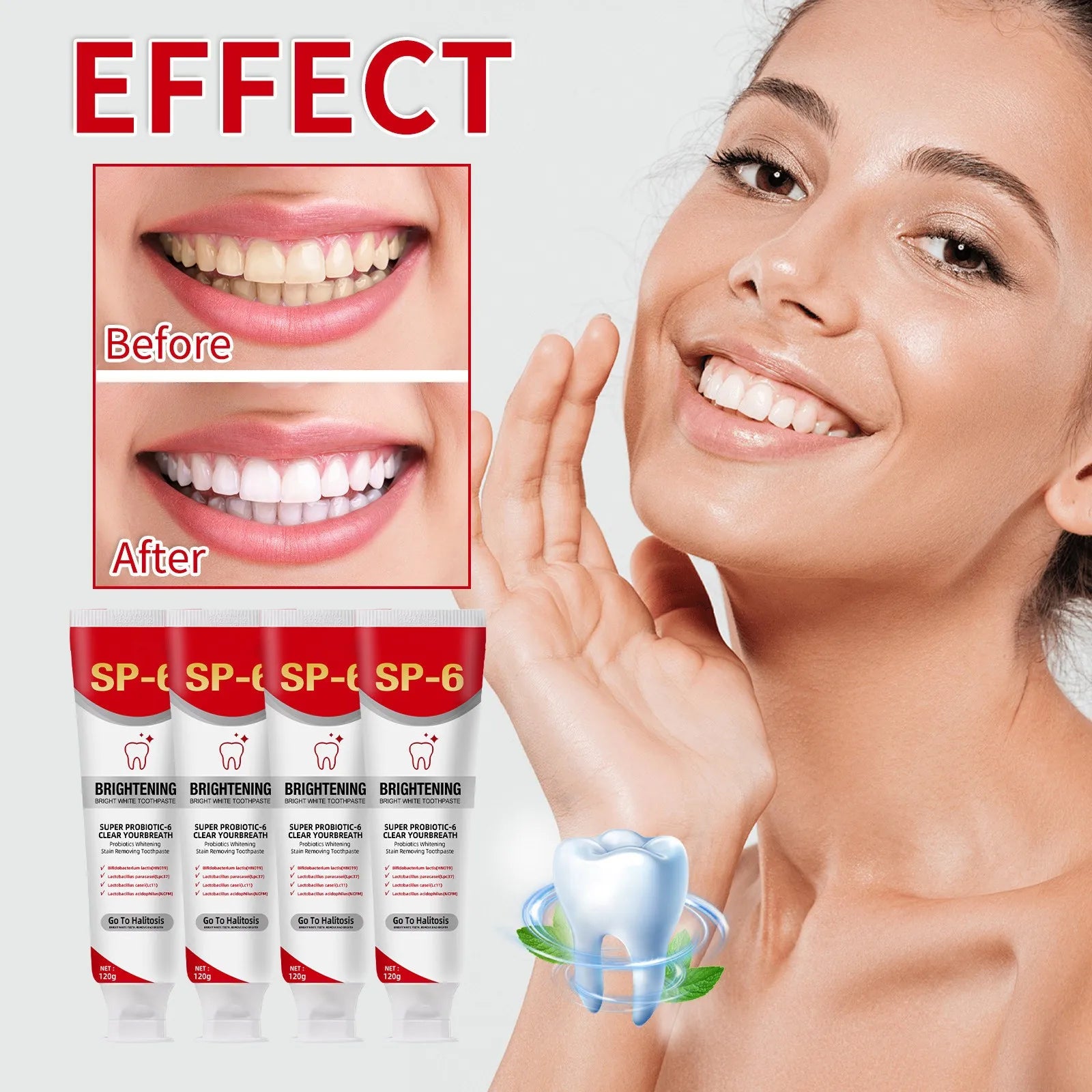 Sp 6 ultra branqueamento sp 6 creme dental ultra branqueador sp-6 probiótico clareamento creme dental limpeza profunda cuidados dente