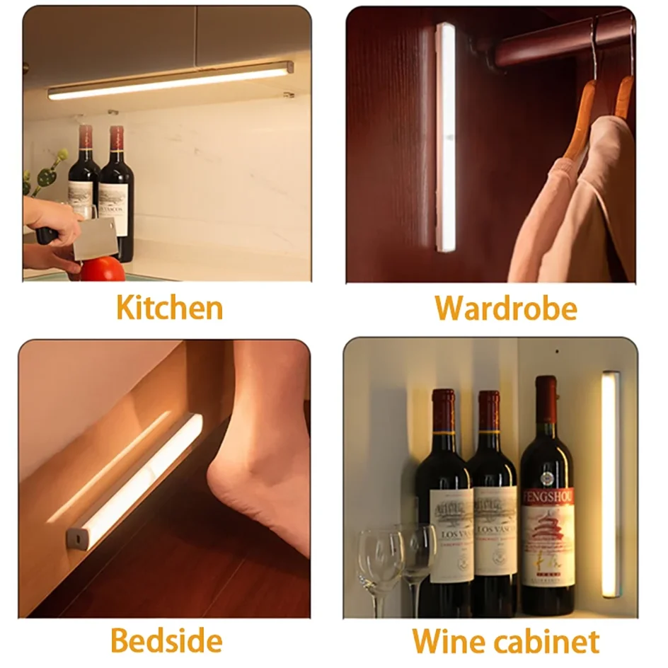 Cabinet Light USB Rechargeable Motion Sensor LED Bar Light Induction Night Light Portable for Kitchen Bedside Wardrobe Closet