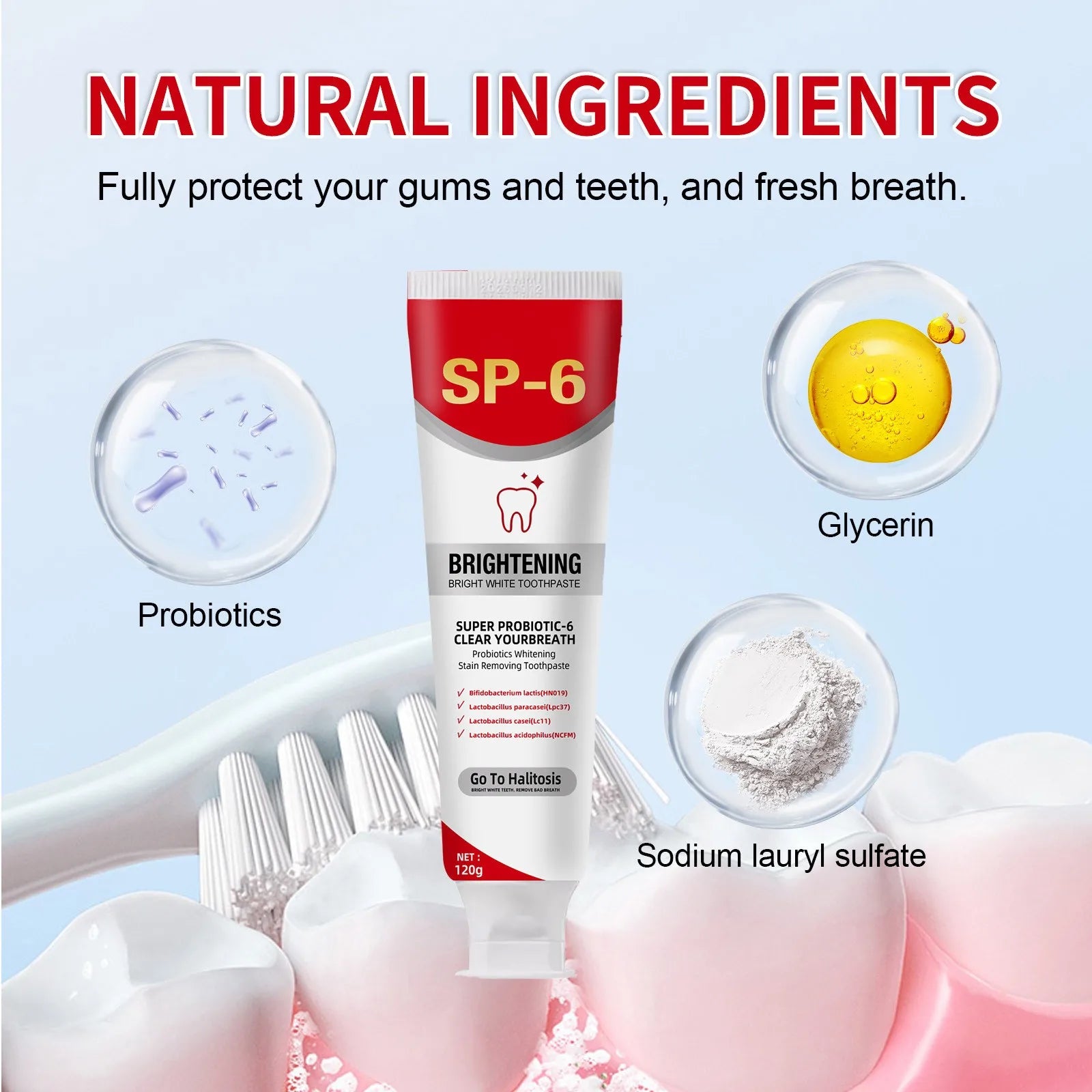 Sp 6 ultra branqueamento sp 6 creme dental ultra branqueador sp-6 probiótico clareamento creme dental limpeza profunda cuidados dente