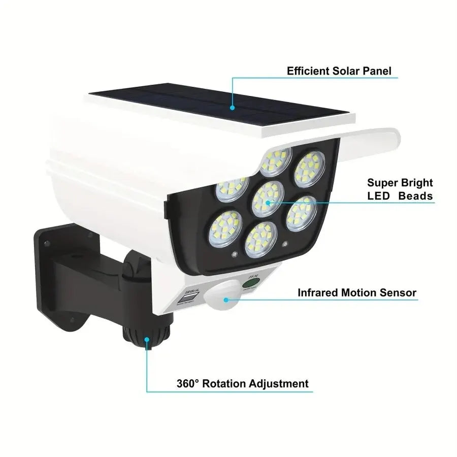 Sensor de movimento ao ar livre luzes solares 77 led holofote à prova dwireless água sem fio manequim chamariz câmera de segurança falsa para varanda jardim pátio
