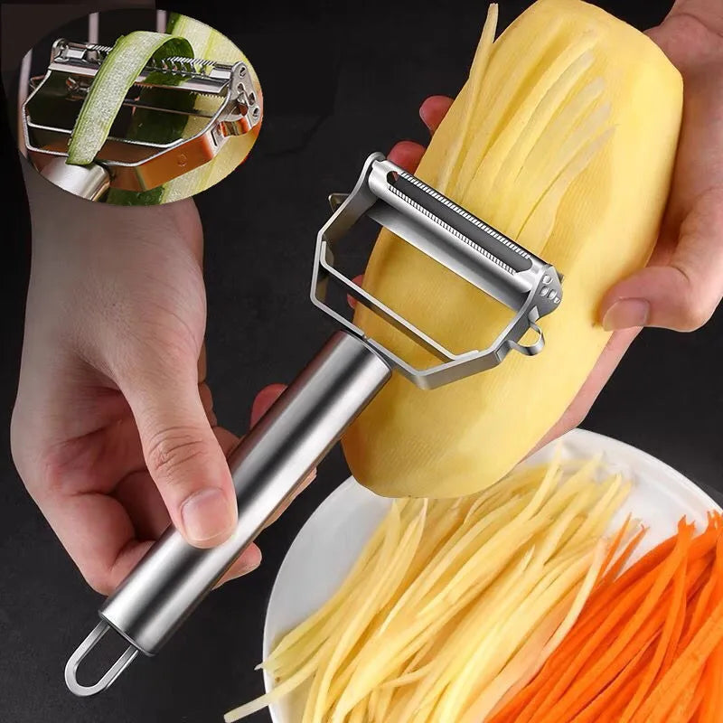 Descascador de vegetais de cozinha, aço inoxidável, plaina de melão, descascador de cabeça dupla, multifuncional, descascador de frutas e vegetais