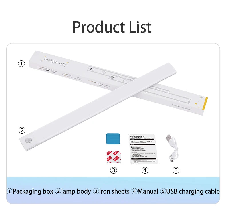 Luz do armário recarregável usb sensor de movimento luz led para cozinha guarda-roupa iluminação do armário 10cm/20cm/40cm/60cm led night light