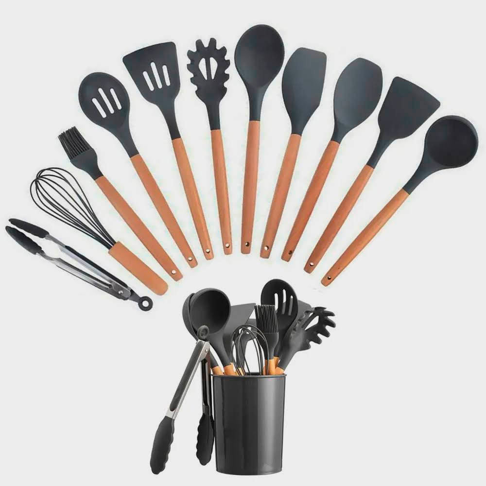 Kit 12 Peças Jogo de Cozinha Utensílios Talheres Silicone com Cabo de Madeira
