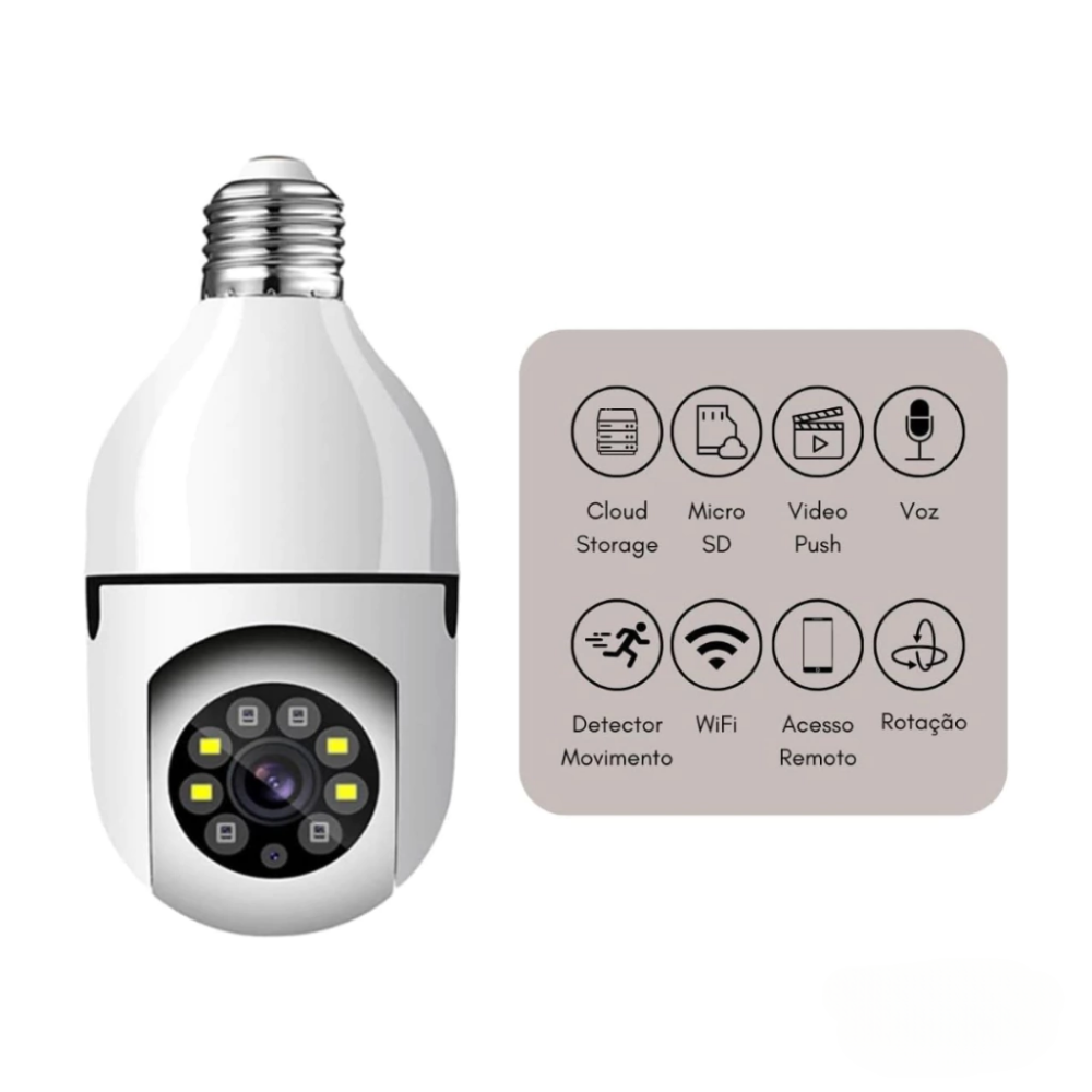 Camera Lâmpada Wifi Ip Segurança Panorâmica Giratória 360 1080P com Visão N