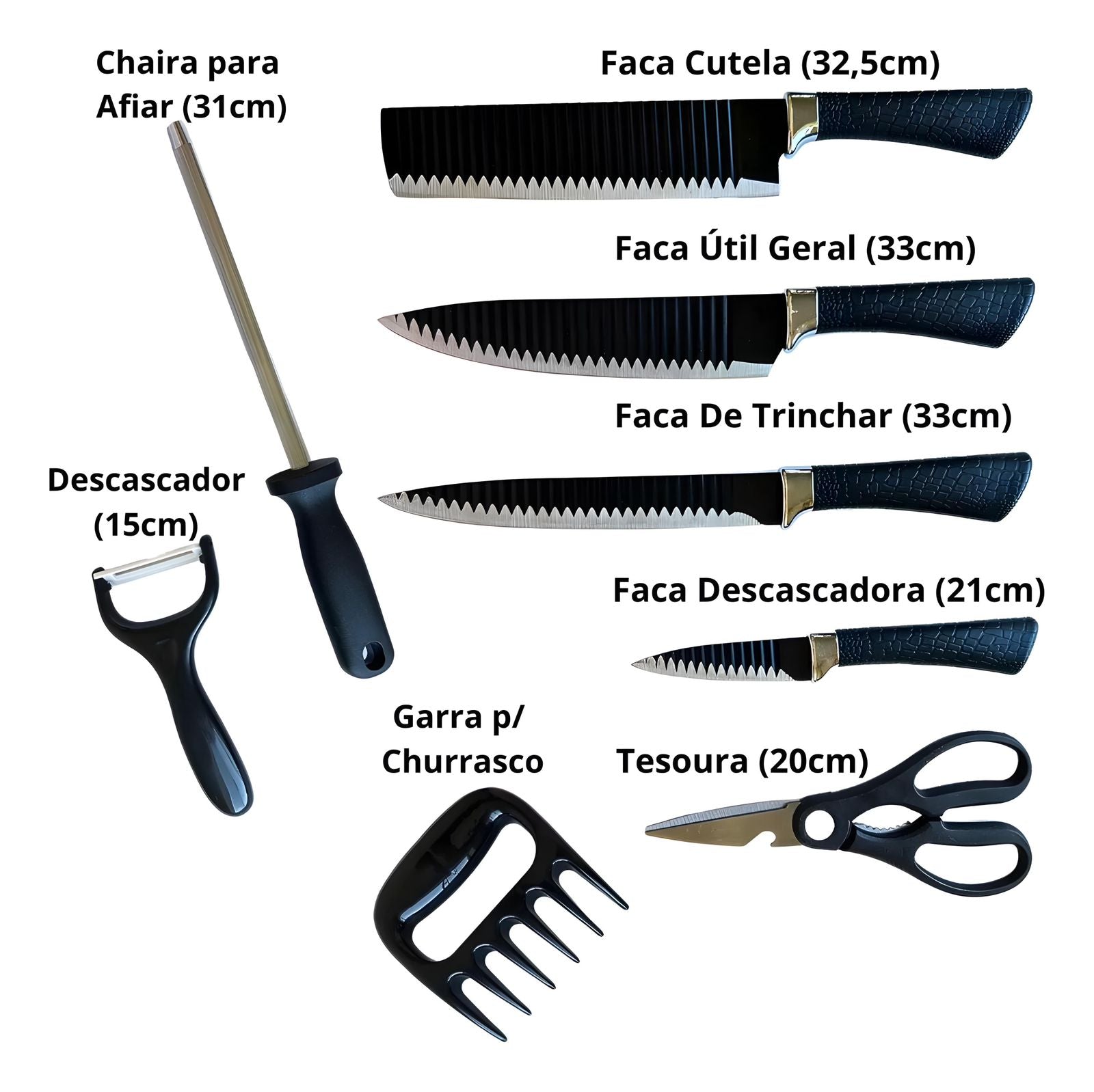 Jogo De Facas Inox 8 Peças Cozinha Churrasco B-Max BM-F988 (CONJBMF988)